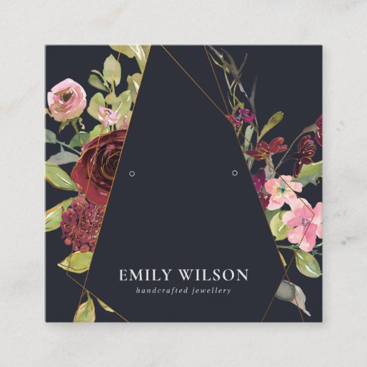 BLUSH GOLD BURGUNDY ROOS FLORAL EARRING DISPLAY VIERKANTE VISITEKAARTJE (Voorkant)