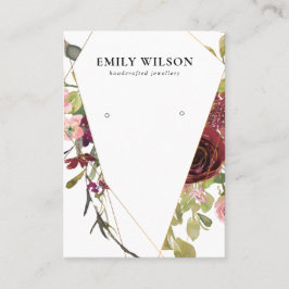 BLUSH GOLD BURGUNDY ROOS FLORAL EARRING DISPLAY VISITEKAARTJE