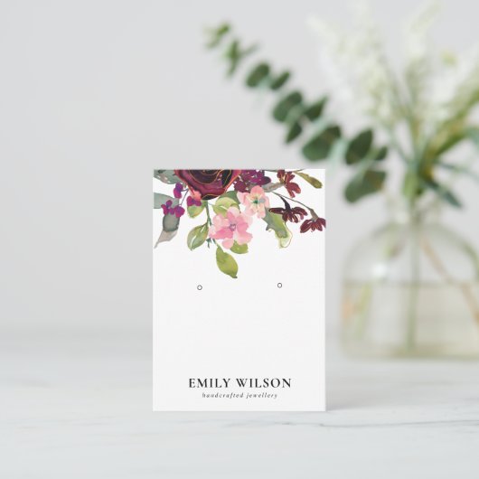 BLUSH GOLD BURGUNDY ROOS FLORAL EARRING DISPLAY VISITEKAARTJE (Staand voorkant)