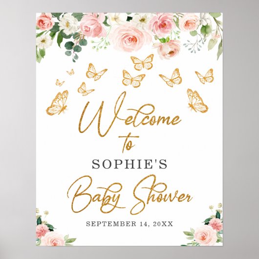 Blush Gold Butterfly Baby shower Welcome Sign Poster (Voorkant)