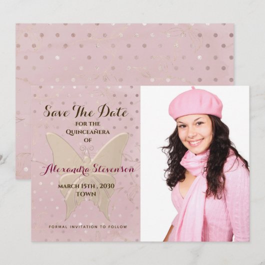 Blush Gold Butterfly Quinceañera Save The Date (Voorkant / Achterkant)