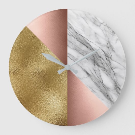 Blush Gold Carrara Marble Grey Geometry Glass Roze Grote Klok (Voorkant)