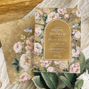 Blush Gold Chinoiserie Peony Floral Vrijgezellenfe Kaart