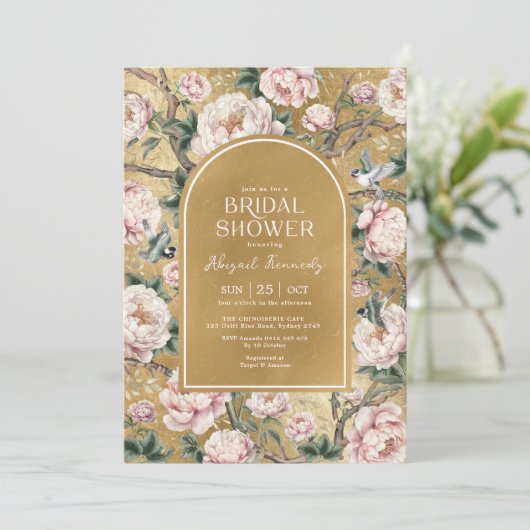 Blush Gold Chinoiserie Peony Floral Vrijgezellenfe Kaart (Staand voorkant)