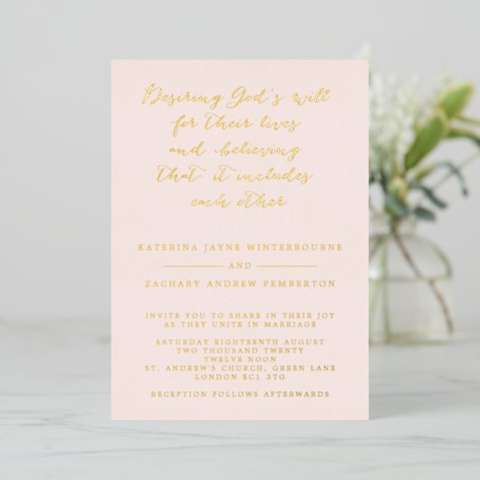 Blush & Gold Christelijk Script Wedding Folie Uitnodiging (Staand Voorkant)