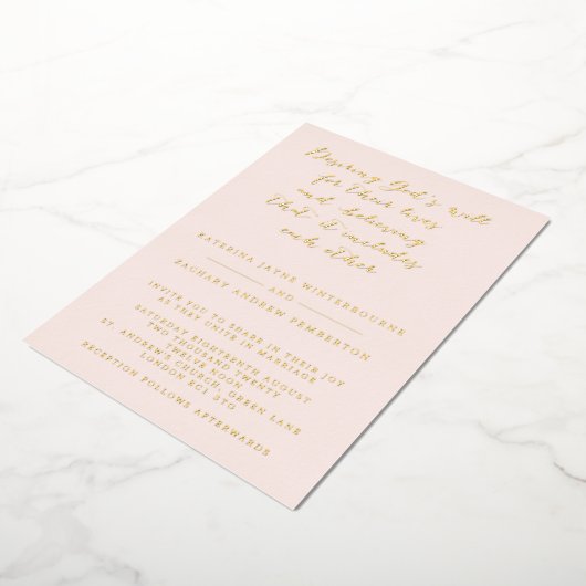 Blush & Gold Christelijk Script Wedding Folie Uitnodiging (Gedraaid)