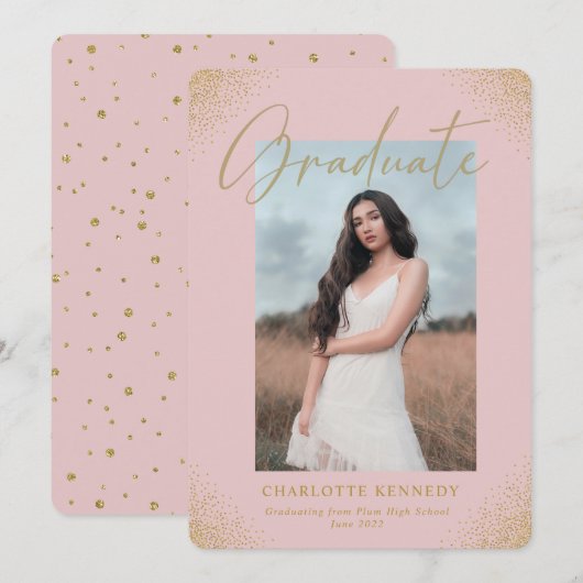 Blush Gold Confetti Foto Afstuderen aankondiging (Voorkant / Achterkant)