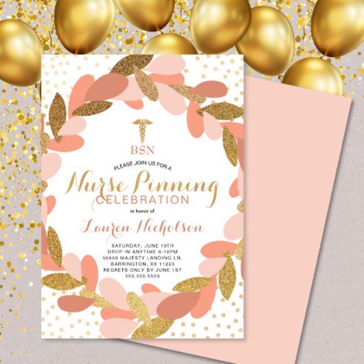 Blush Gold Confetti Nurse Pinning Afstudeerfeest Kaart