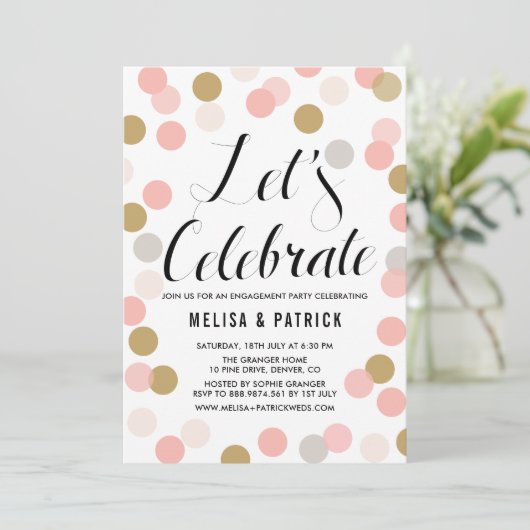 Blush & Gold Confetti Polka Dots Engagement Party Kaart (Staand voorkant)