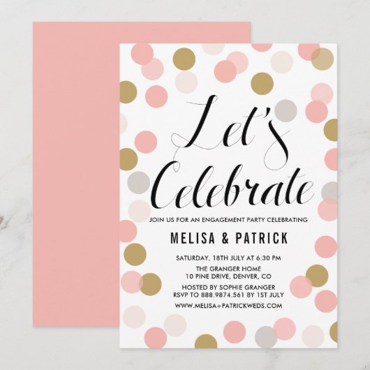 Blush & Gold Confetti Polka Dots Engagement Party Kaart (Voorkant / Achterkant)