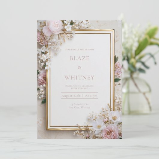 Blush & Gold Elegante Bloemen Huwelijk Kaart (Staand voorkant)