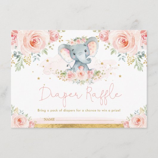 Blush Gold Elephant Baby Girl Shower Diaper Raffle Informatiekaartje (Voorkant)