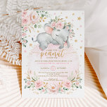 Blush Gold Elephant Floral Moon Stars Baby shower Kaart<br><div class="desc">Welkom je kleine pinda met deze vrouwelijke baby shower uitnodiging. Met elegante bruine roze rozen, zachte botanische groen in groen en goud, en een schattige slapende baby olifant die op een roze maan ligt. Klik op de knop "Verder aanpassen" als u de stijl en plaatsing van de tekst opnieuw wilt...</div>