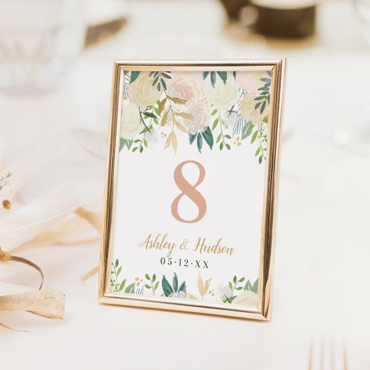 Blush Gold en Green Floral Wedding Table Number Kaart