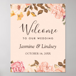 Blush Gold English Floral Weduwen Welkomstteken Poster