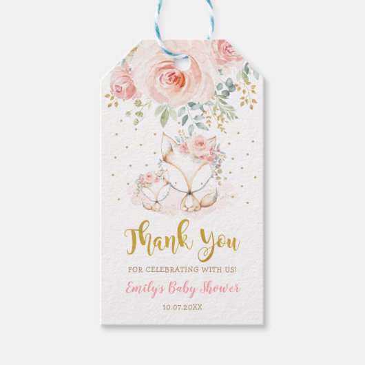Blush Gold Floral Boho Fox Baby shower Hartelijk d Cadeaulabel (Voorkant)