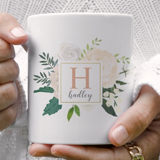 Blush Gold Floral Bouquet Custom Monogram Koffiemok