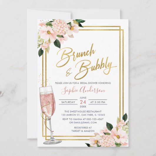 Blush Gold Floral Brunch en bubbelbaar Vrijgezelle Kaart (Voorkant)