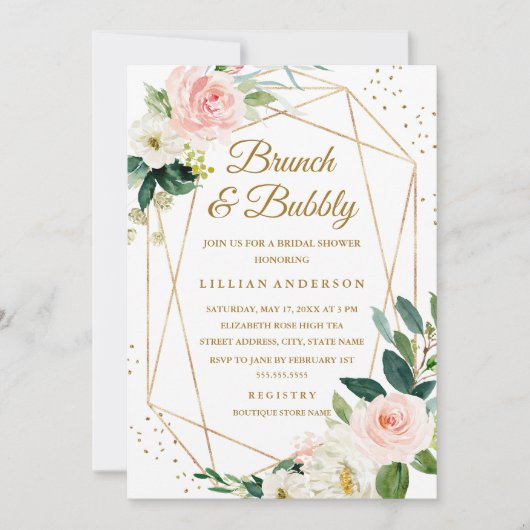 Blush Gold Floral Brunch en bubbelbaar Vrijgezelle Kaart (Voorkant)