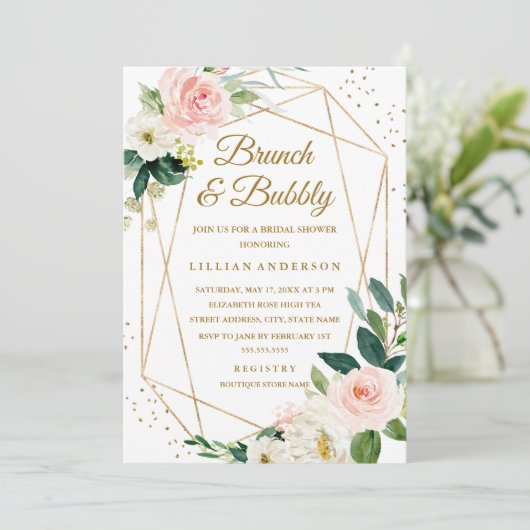 Blush Gold Floral Brunch en bubbelbaar Vrijgezelle Kaart (Staand voorkant)