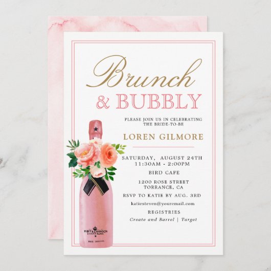 Blush Gold Floral Brunch en Bubbly Vrijgezellenfee Kaart (Voorkant / Achterkant)