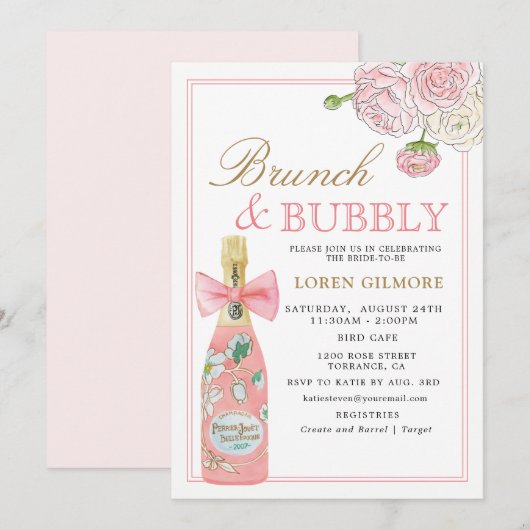 Blush Gold Floral Champagne Brunch en Bubbly Kaart (Voorkant / Achterkant)