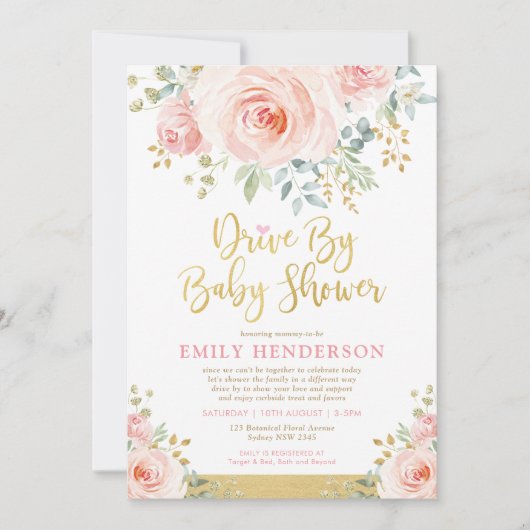 Blush Gold Floral drive by Baby shower Quarantine Kaart (Voorkant)