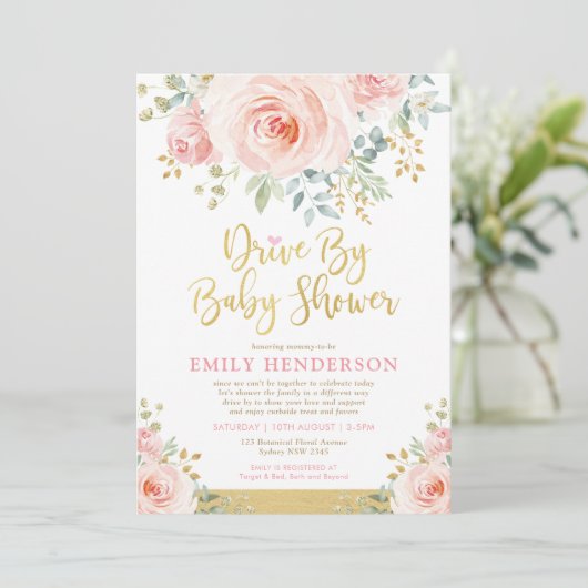 Blush Gold Floral drive by Baby shower Quarantine Kaart (Staand voorkant)