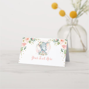 Blush Gold Floral Elephant Baby Girl Birthday Plaatskaartje