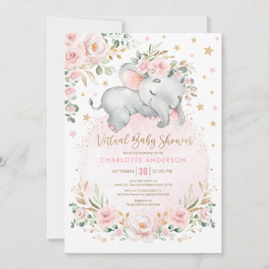 Blush Gold Floral Elephant Virtual Baby shower Kaart (Voorkant)