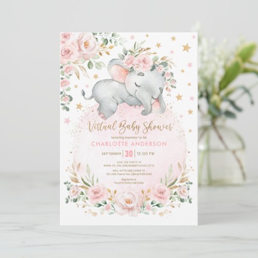 Blush Gold Floral Elephant Virtual Baby shower Kaart (Staand voorkant)