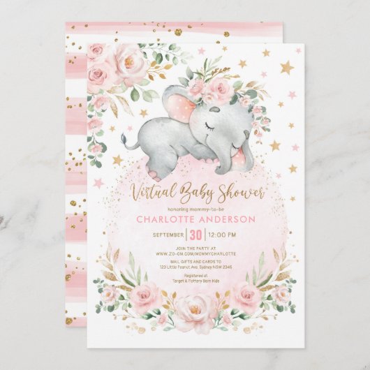 Blush Gold Floral Elephant Virtual Baby shower Kaart (Voorkant / Achterkant)