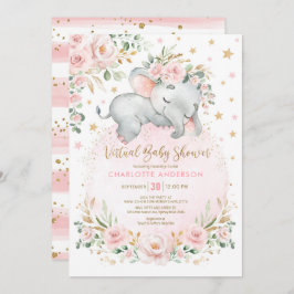 Blush Gold Floral Elephant Virtual Baby shower Kaart