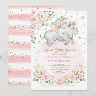 Blush Gold Floral Elephant Virtual Baby shower Kaart