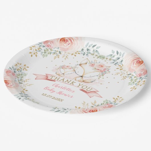 Blush Gold Floral Fox Boho Woodland Baby shower Papieren Bordje (Gekanteld)