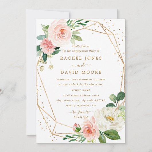 Blush Gold Floral Geometric Engagement Party Kaart (Voorkant)