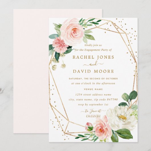 Blush Gold Floral Geometric Engagement Party Kaart (Voorkant / Achterkant)