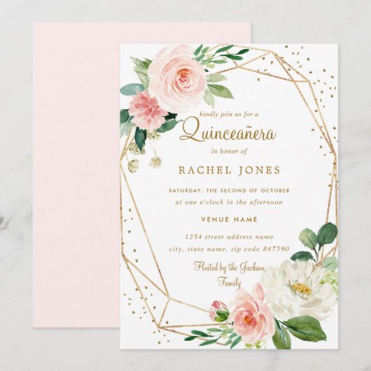 Blush Gold Floral Geometric Quinceanera Invitation Kaart (Voorkant / Achterkant)