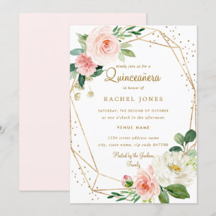 Blush Gold Floral Geometric Quinceanera Invitation Kaart