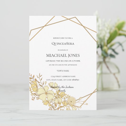 Blush Gold Floral Geometric Quinceanera Kaart (Staand voorkant)