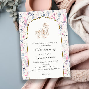 Blush Gold Floral Krishna Indiase bruiloft Haldi Informatiekaartje