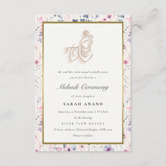 Blush Gold Floral Krishna Indiase bruiloft Mehndi Informatiekaartje (Voorkant)