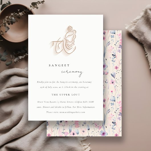 Blush Gold Floral Krishna Indiase bruiloft Sangeet Informatiekaartje