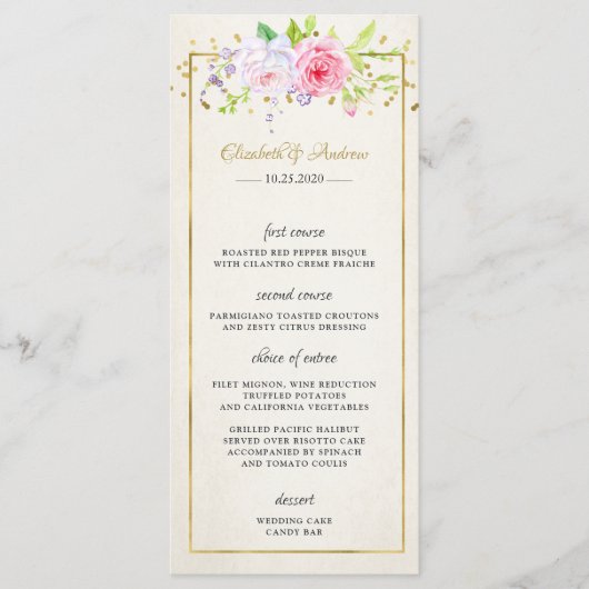 Blush Gold Floral Modern Gold Lijst Wedding Menu (Voorkant)