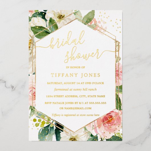 Blush Gold Floral Modern Vrijgezellenfeest Folie Uitnodiging (Voorkant)