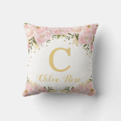 Blush Gold Floral Monogram Custom Photo Nursery Kussen (Achterkant)