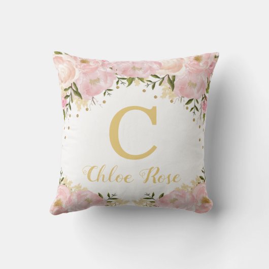 Blush Gold Floral Monogram Custom Photo Nursery Kussen (Achterkant)