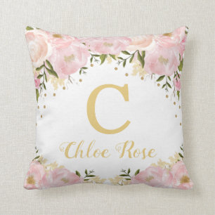 Blush Gold Floral Monogram Custom Photo Nursery Kussen