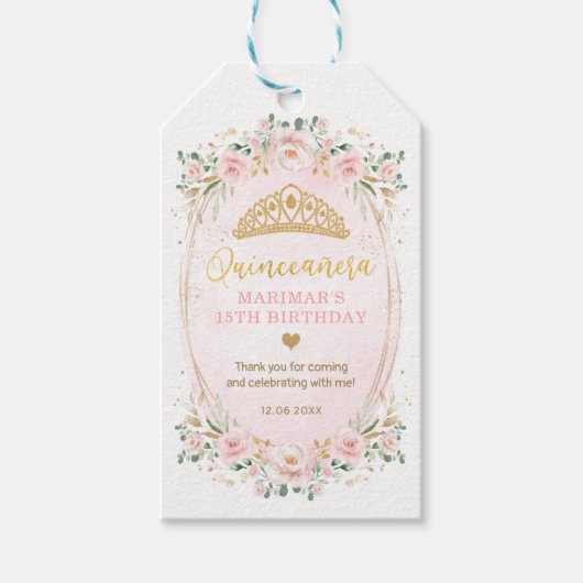 Blush Gold Floral Quinceanera Mis Quince Birthday Cadeaulabel (Voorkant)