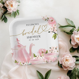 Blush Gold Floral Vrijgezellenfeest Tea Party Papieren Bordje